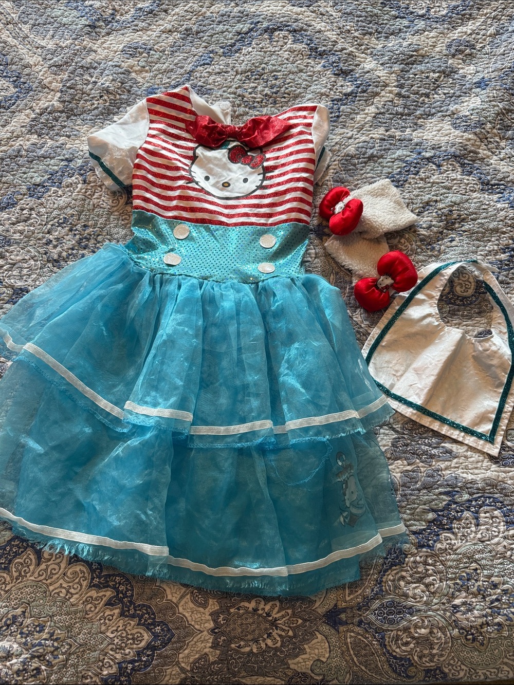 Hello Kitty Blue and Red Girls' Costume Dress with mittens with Bows and Bib md